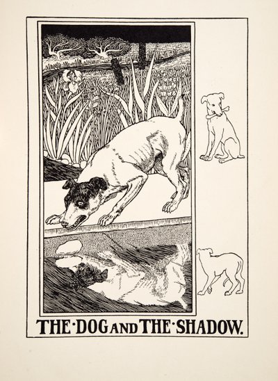 Pies i cień, ze Stu bajek Ezopa, wyd. 1903 autorstwa Percy J. Billingshurst