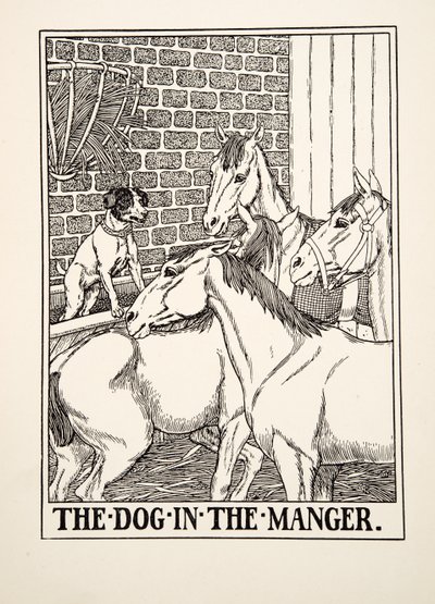 Pies w żłobie, z Stu bajek Ezopa, wyd. 1903 autorstwa Percy J. Billingshurst