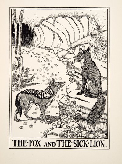 Lis i chory lew, z Stu bajek Ezopa, wyd. 1903 (rycina) autorstwa Percy J. Billingshurst