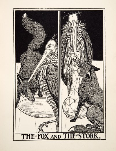 Lis i bocian, z Stu bajek Ezopa, wyd. 1903 autorstwa Percy J. Billingshurst