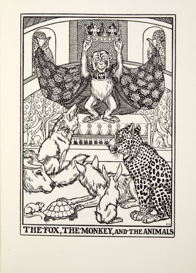 Lis, małpa i zwierzęta, z Fontaine Fables, wyd. 1905 autorstwa Percy J. Billingshurst