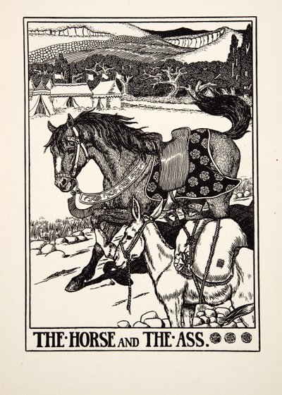 Koń i osioł, z Stu bajek Ezopa, wyd. 1903 autorstwa Percy J. Billingshurst