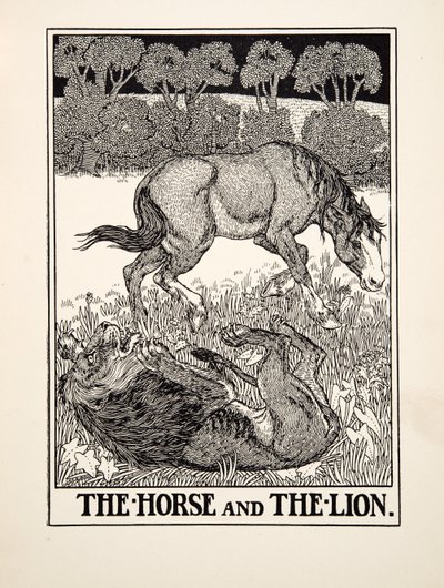 Koń i lew, z Stu bajek Ezopa, wyd. 1903 autorstwa Percy J. Billingshurst