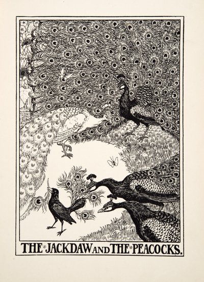 Kawka i pawie, z Stu bajek Ezopa, wyd. 1903 autorstwa Percy J. Billingshurst