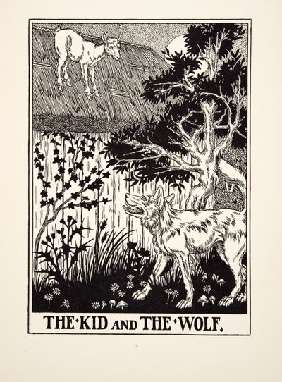 The Kid and the Wolf, z Stu bajek Ezopa, wyd. 1903 autorstwa Percy J. Billingshurst