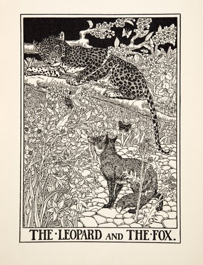 Lampart i lis, z Stu bajek Ezopa, wyd. 1903 autorstwa Percy J. Billingshurst