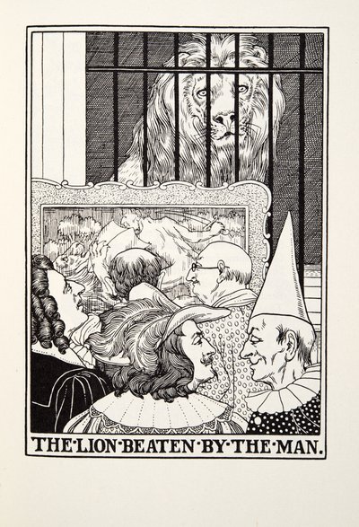 Lew pobity przez człowieka, z Fontaine Fables, wyd. 1905 autorstwa Percy J. Billingshurst