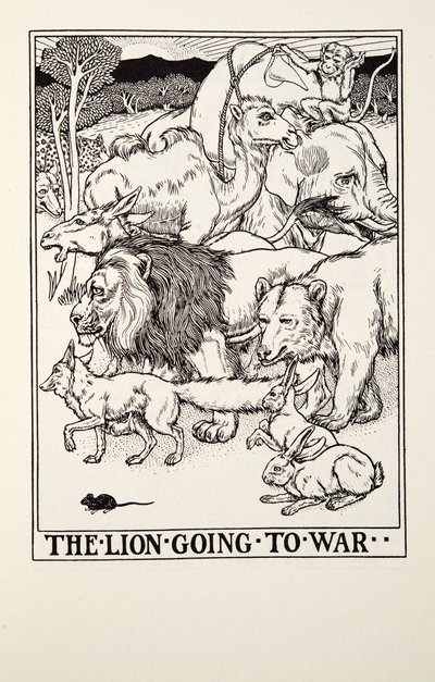 Lew idący na wojnę, z Fontaine Fables, wyd. 1905 autorstwa Percy J. Billingshurst
