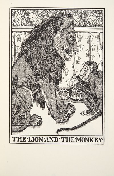 Lew i małpa, z Fontaine Fables, wyd. 1905 autorstwa Percy J. Billingshurst