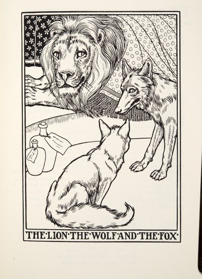 Lew, wilk i lis, z Fontaine Fables, wyd. 1905 autorstwa Percy J. Billingshurst