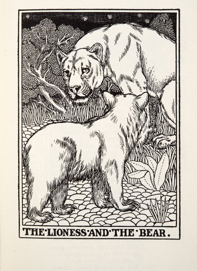 Lwica i niedźwiedź, z Fontaine Fables, wyd. 1905 autorstwa Percy J. Billingshurst
