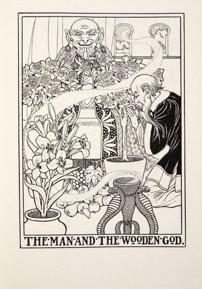 Człowiek i drewniany bóg, z Fontaine Fables, wyd. 1905 autorstwa Percy J. Billingshurst