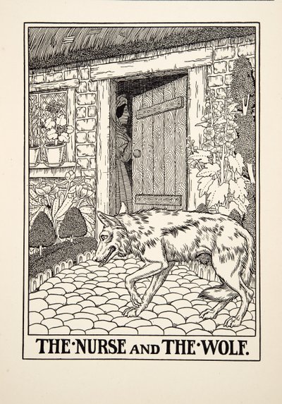 Pielęgniarka i Wilk, z Stu bajek Ezopa, wyd. 1903 autorstwa Percy J. Billingshurst