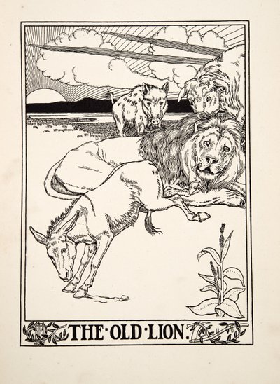 Stary lew, ze Stu bajek Ezopa, wyd. 1903 autorstwa Percy J. Billingshurst