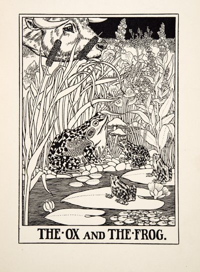 Wół i żaba, z Stu bajek Ezopa, wyd. 1903 autorstwa Percy J. Billingshurst