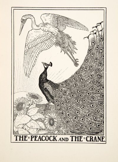 Paw i żuraw, z Stu bajek Ezopa, wyd. 1903 autorstwa Percy J. Billingshurst