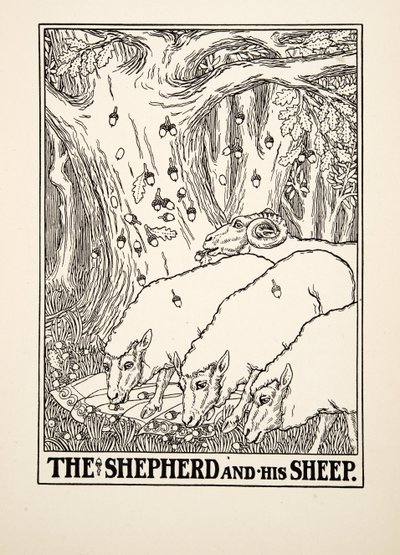 Pasterz i jego owce, z Stu bajek Ezopa, wyd. 1903 (rycina) autorstwa Percy J. Billingshurst