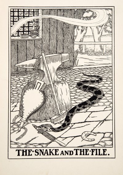 Wąż i akta, ze stu bajek Ezopa, wyd. 1903 (rycina) autorstwa Percy J. Billingshurst