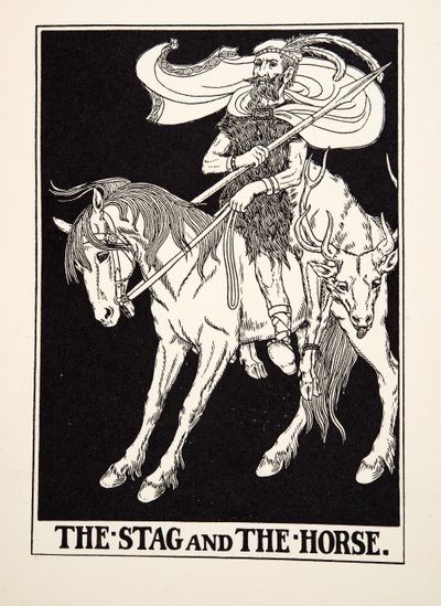 Jeleń i koń, z Stu bajek Ezopa, wyd. 1903 (rycina) autorstwa Percy J. Billingshurst