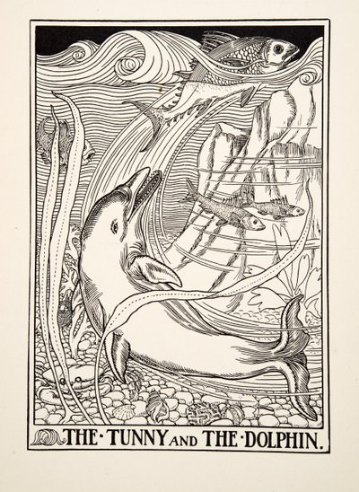 Tuńczyk i delfin, z Stu bajek Ezopa, wyd. 1903 autorstwa Percy J. Billingshurst