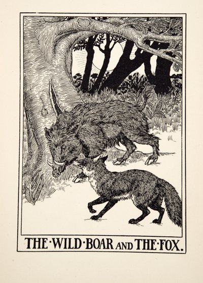 Dzik i lis, z Stu bajek Ezopa, wyd. 1903 (rycina) autorstwa Percy J. Billingshurst