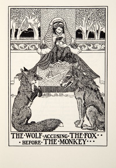 Wilk oskarża lisa przed małpą, z Fontaine Fables, wyd. 1905 autorstwa Percy J. Billingshurst