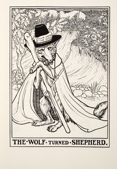 Wilk, który stał się pasterzem, z Fontaine Fables, wyd. 1905 autorstwa Percy J. Billingshurst