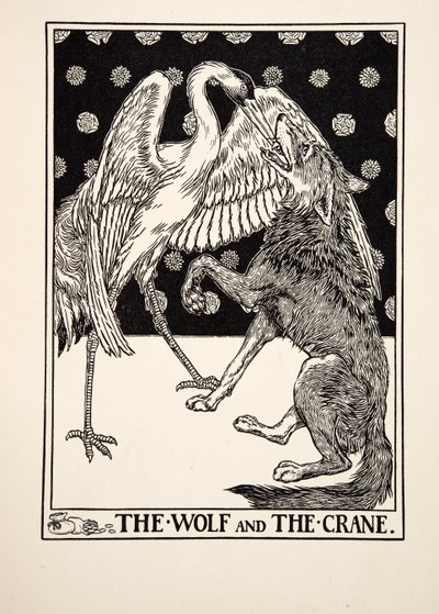 Wilk i żuraw, z Stu bajek Ezopa, wyd. 1903 autorstwa Percy J. Billingshurst