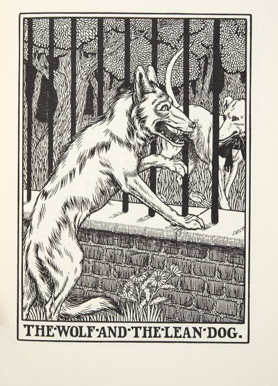 Wilk i chudy pies, z Fontaine Fables, wyd. 1905 (grawerowanie) autorstwa Percy J. Billingshurst