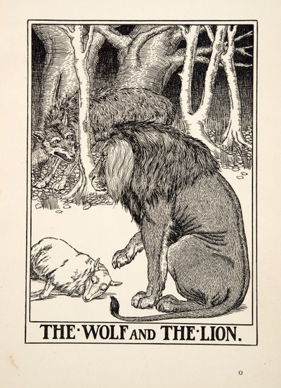 Wilk i lew, z Stu bajek Ezopa, wyd. 1903 (rycina) autorstwa Percy J. Billingshurst