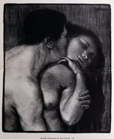 Mężczyzna całuje kobietę. Litografia autorstwa Pere Torne-Esquius (Torne Esquius autorstwa Pere Torne Esquius