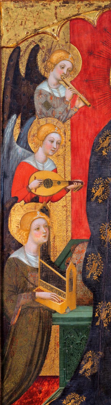 Madonna otoczona przez anioły muzyczne - Szczegół aniołów - Madonna z aniołami grającymi muzykę (Detal) - Obraz Pere Serra (aktywny około 1357-1406), ok. 1380 - Tempera na panelu - Museu Nacional d