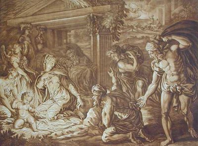 Adoracja pasterzy rytowana przez Elishaha Kirkhalla (1682-1742) 1724 (kolor lito) autorstwa Perino del Vaga