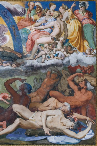 Zeus uderza zbuntowanych Gigantów (Upadek Gigantów) w Sali Jowisza autorstwa Perino del Vaga