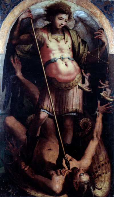 Św. Michał, Panel centralny (olej na drewnie, ok. 1535) autorstwa Perino del Vaga
