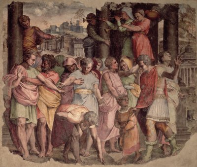 Tarkwiniusz Dumny zakładający świątynię Jowisza na Kapitolu, ok. 1525 r. autorstwa Perino del Vaga