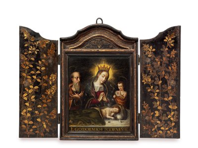 Przenośna świątynia chrześcijańska (Seigan) zamówiona przez portugalskich jezuitów (olej na miedzi w przypadku) autorstwa Period Momoyama