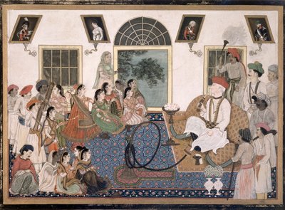 Europejczyk, prawdopodobnie Sir David Ochterlony (1758-1825), w indyjskim stroju, palący fajkę wodną i oglądający nauta w swoim domu w Delhi, ok. 1820 r. (tusz i kolor na papierze) autorstwa Persian School