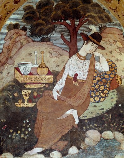 Księżniczka perska pod rządami Abbasa I, odpoczywająca w XVII wieku. Fresk z Pałacu 40 Kolumn (Chehel Sotoun) w Isfahanie (Isfahan lub Esfahan, Isfahan), Iran. autorstwa Persian School