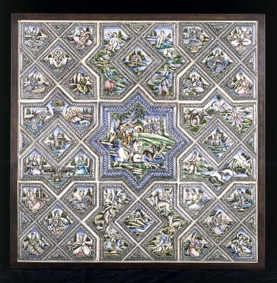 Panel z płytek ceramicznych przedstawiający polowanie na Bahram Gur i kilka innych postaci w różnych scenach, koniec XIX wieku autorstwa Persian School