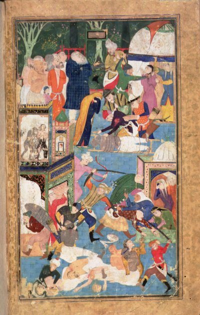 Dodaj 22703 fol.52v Splądrowanie Isfahanu w 1387 ukazujące siły Timura plądrujące, plądrujące i mordujące autorstwa Persian School
