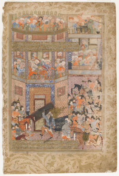 Ali podnosi bramy Qamus, z Rawzat al-safa, 1571-72 autorstwa Persian School