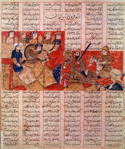 Art Iran (Persja): miniatura rękopisu autorstwa szacha Nqmeha, król Bahram Gour zabija władcę Touranian. rękopis z 1341 r. Zbiory prywatne. autorstwa Persian School