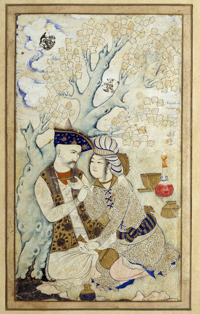 Art Islam: Portret Szacha Abbasa Obejmujem jedną z jego stron. Rysunek perski z 1672 r. Wymiary: 0,16 x 0,27m. Paryż, Musee du Louvre autorstwa Persian School