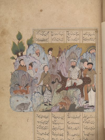 Bahram Gur zdobywa koronę od Szahnamy, 1518 autorstwa Persian School