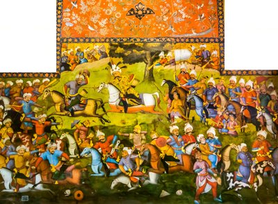 Bitwa pod Taher-Abad lub bitwa pod Merv ze zwycięstwem Szacha Ismaila I nad Muhammadem Shaybani Chanem, sala recepcyjna, Chehel Sotun, 1647 autorstwa Persian School