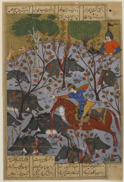 Bijan poluje na dziki, z Shahnama, ok. 1600 autorstwa Persian School