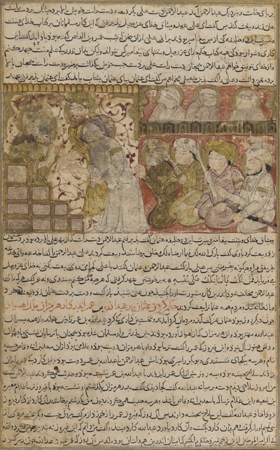 Folio z Tarikhnama (Księga historii) autorstwa Balami: Wybór Othmana do kalifatu Medyny, ok. 1300 (nieprzezroczysta akwarela, atrament i złoto na papierze) autorstwa Persian School