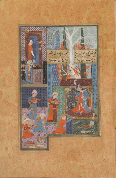 Folio z Dywanu (wiersze zebrane) Jami (zm. 1492); Prince and Attendants (nieprzezroczysta akwarela, tusz i złoto na papierze) autorstwa Persian School