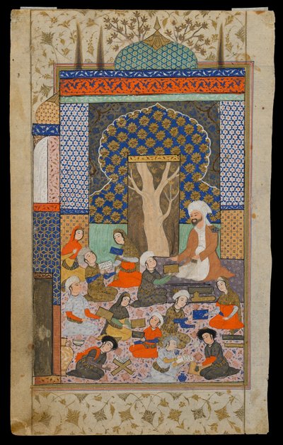 Folio z Khamsy (kwintetu) Nizami; prosto: Layla i Majnun w szkole, Iran, okres Safawidów, ok. 1600-10 (nieprzezroczysta akwarela, tusz i złoto na papierze) autorstwa Persian School